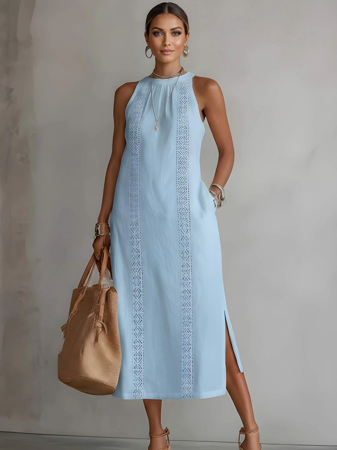 Damen elegantes Midi Sommerkleid mit Taschen