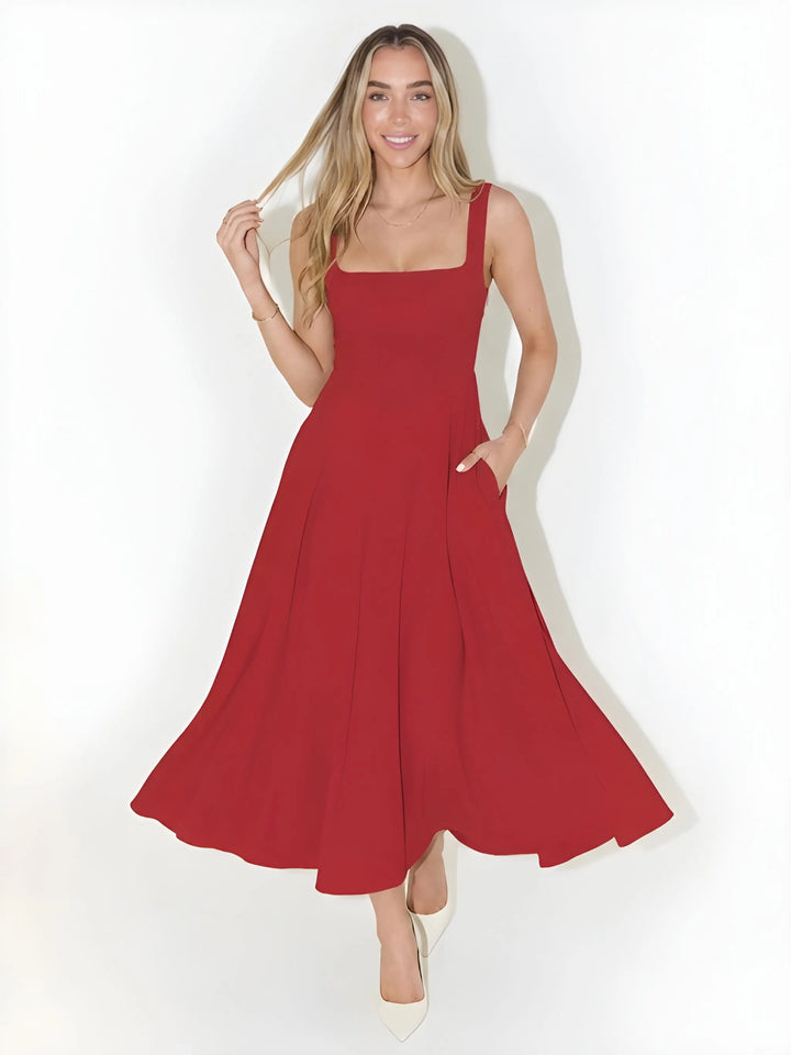 Damen elegantes luftiges Midi Sommerkleid mit Ausschnitt