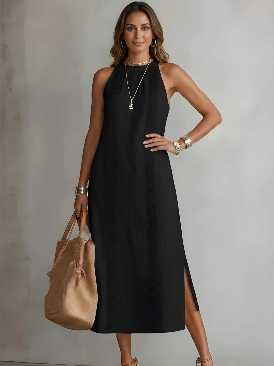 Damen elegantes Midi Sommerkleid mit Taschen
